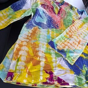 Love Token‎ tie-dye tunic sequin embellishments 100%cotton natural boho  medium